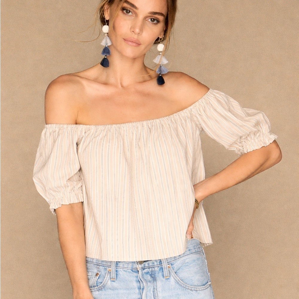 Merrit Charles Bardot Off Shoulder Striped Lightweight Satin Casual Blouse